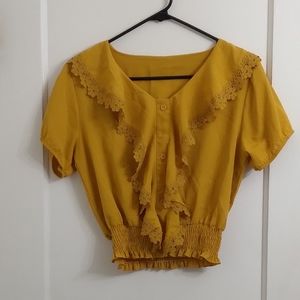 Cropped Top Yellow Blouse with Ruffles Size Small